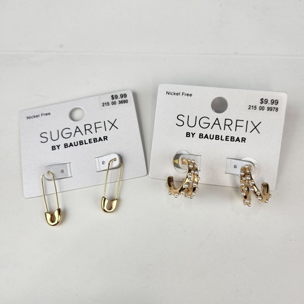 SUGARFIX by BaubleBar Safety Pin & Pearl Studded Earring Bundle of 2 Gold Tone - Picture 1 of 9
